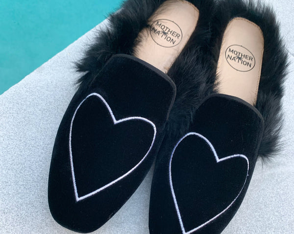 Custom Black Velvet Slides with Fur Trim
